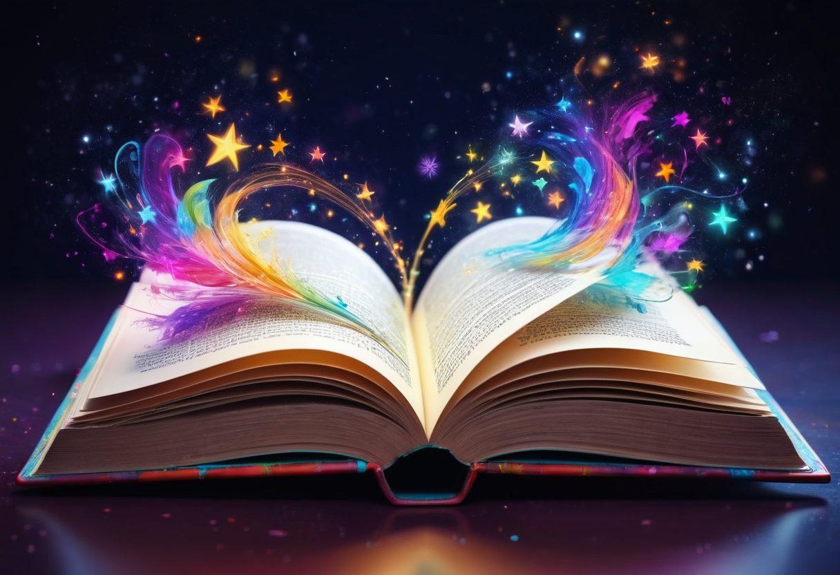 A whimsical scene depicting an open book with colorful words and characters swirling around, representing joyous fan fiction. Illustrate vibrant characters from diverse genres like fantasy and sci-fi playfully interacting in a magical setting filled with sparkling stars and cheerful colors. Include whimsical doodles and flowing scripts that symbolize creativity and happiness. Play with light to create an uplifting, ethereal atmosphere. super-realistic. vibrant colors. 3D.