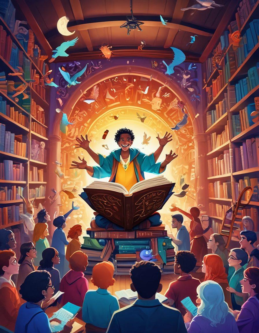 A whimsical scene depicting a lively storyteller captivating an audience of diverse, animated characters from various fandoms, surrounded by colorful books and magical artifacts. Vivid, joyful expressions on the listeners' faces as they are transported into different worlds. The backdrop features a vibrant library filled with fantastical shelves and swirling letters. bright colors. illustration. cartoon style.
